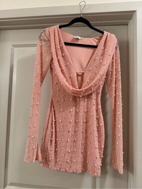 Oh Polly Blush Pink Long Sleeve Beaded Cowl Neck Dress